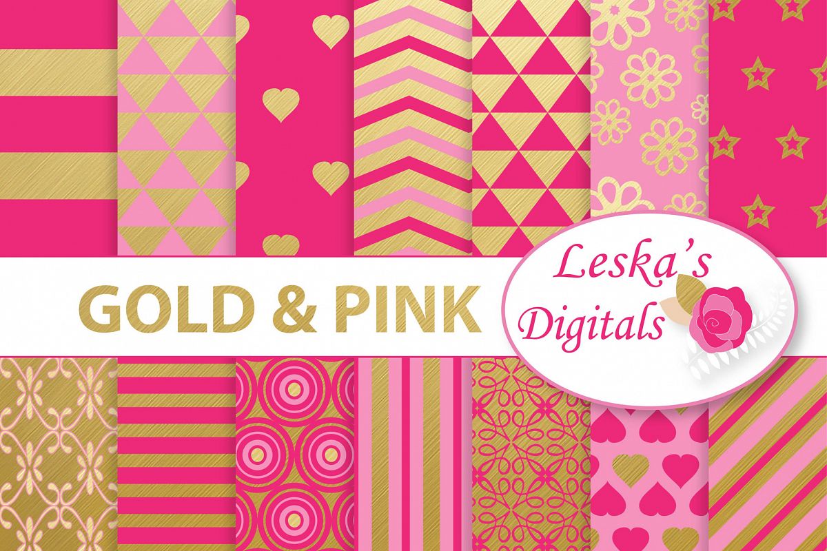 Pink and Gold Digital Paper Patterns example image 1