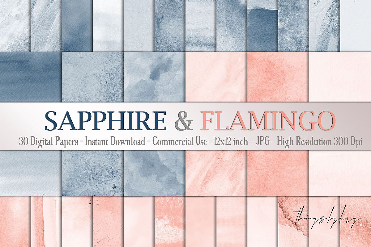 30 Ombre Sapphire & Flamingo Watercolor Digital Papers example image 1