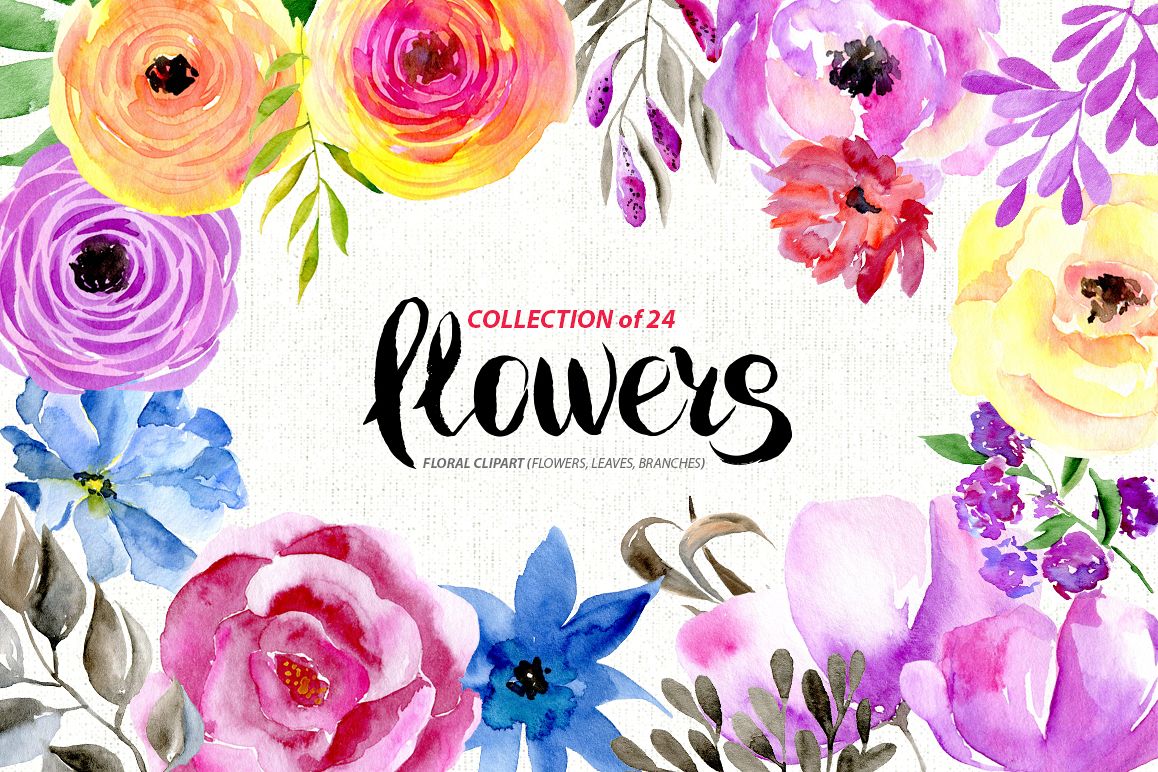 Watercolor flowers & leaves example image 1