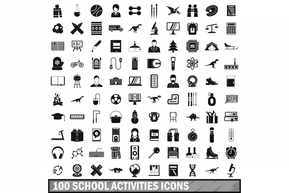 100 school activities icons set, simple style example image 1