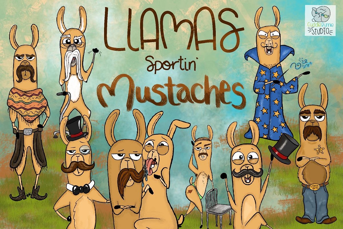 Llamas with Mustaches | Funny llamas | Mustache Clipart example image 1