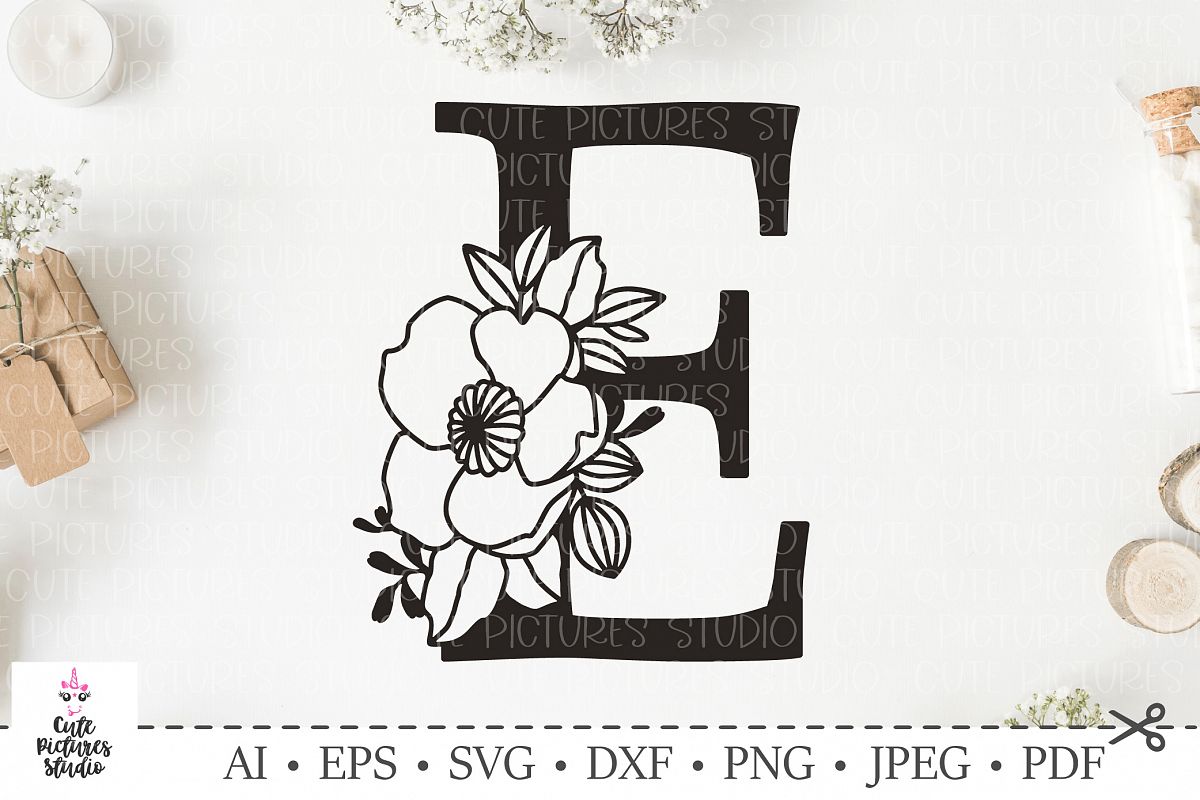 Botanical alphabet svg. Floral letter E svg. Bundle SVG, DXF
