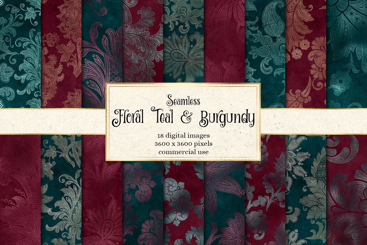 Teal and Burgundy Floral Digital Paper example image 1