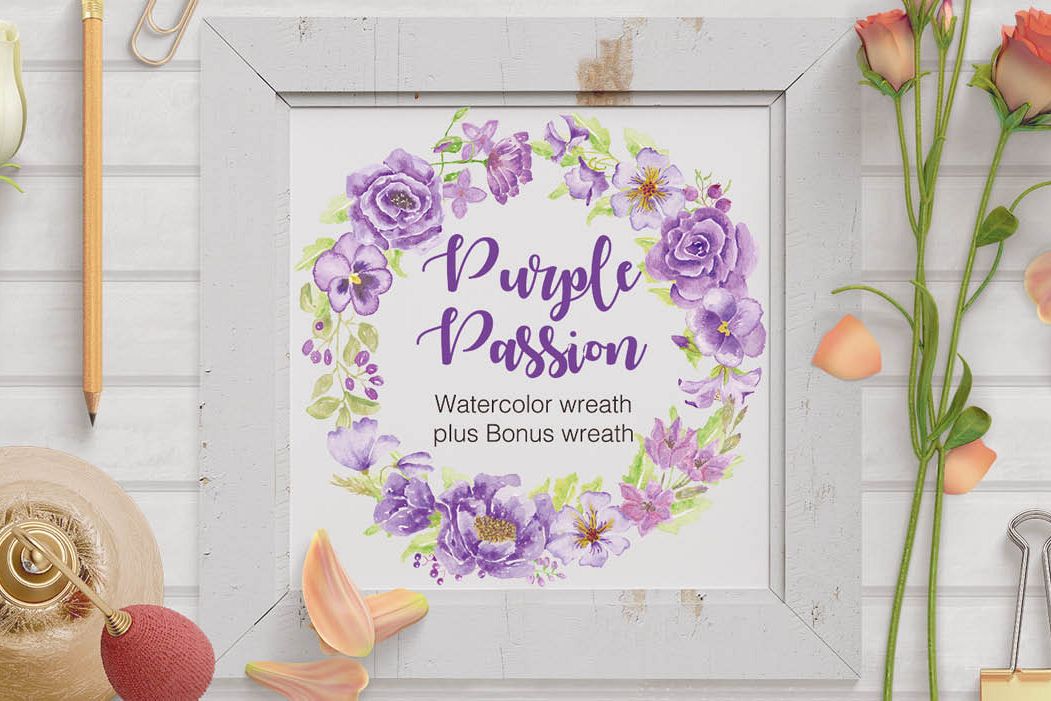 'Purple Passion': Watercolor wreath of purple flowers example image 1