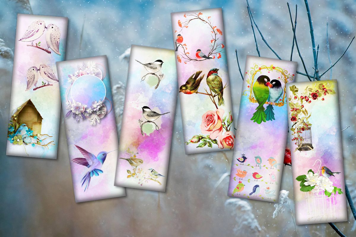 birds flowers bookmarksdigital collage sheetblack