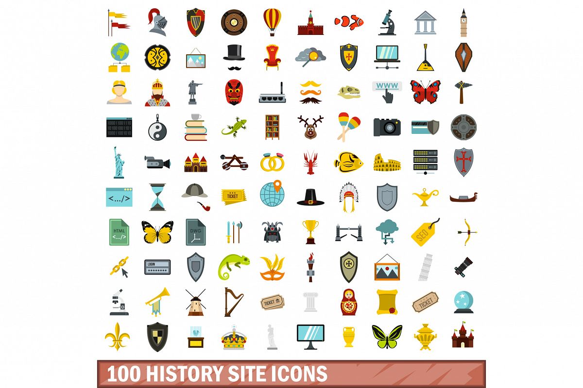 100 history site icons set, flat style example image 1