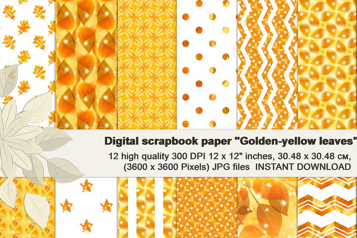 Golden-Yellow leaves, Autumn digital paper. example image 1