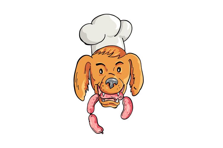Chef Dog Biting Sausage String Cartoon Color example image 1