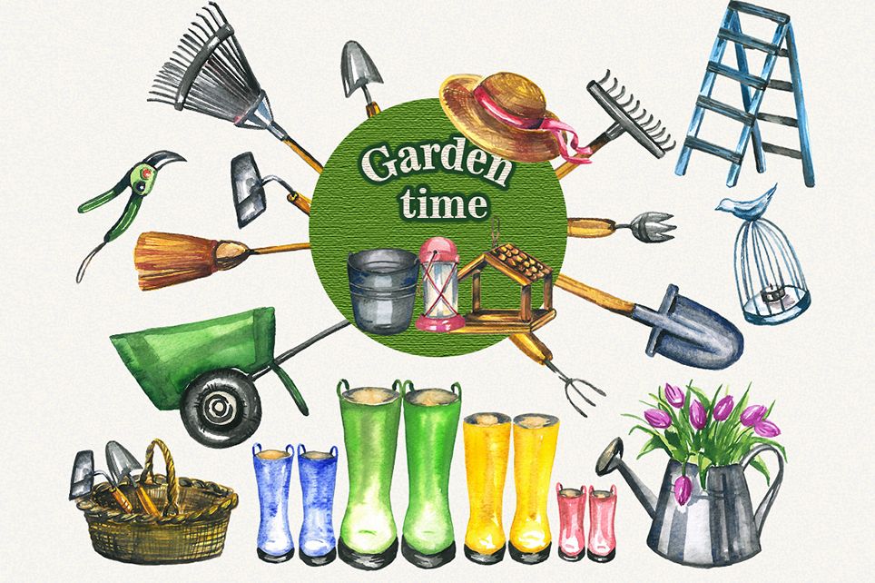 Garden clipart, spring clipart, garden tools, watercolor example image 1