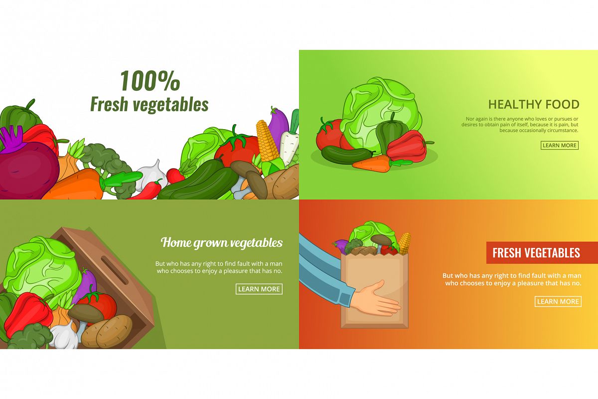 Fresh vegetables banner set template, cartoon style example image 1