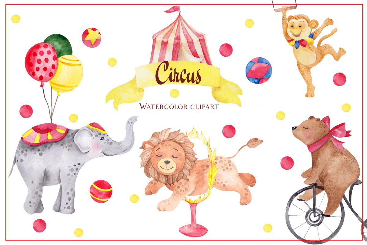 Circus. Watercolor clipart example image 1