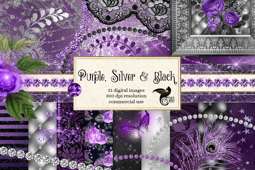 Black Purple and Silver Digital Scrapbooking Kit example image 1