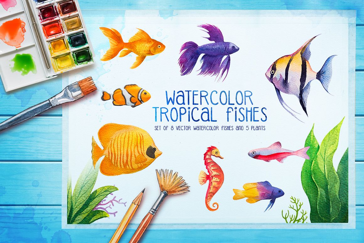 Aquarium fishes. Watercolor. example image 1