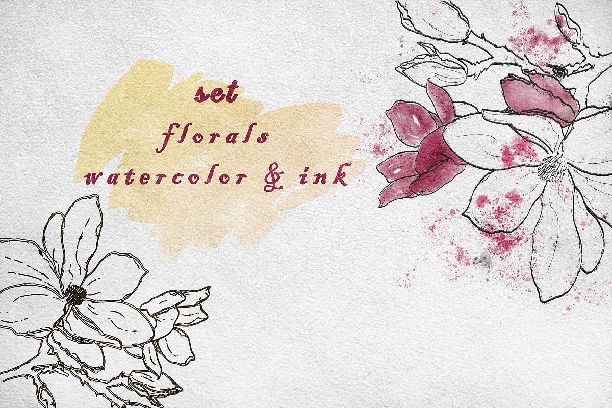 Set watercolor and ink flowers example image 1