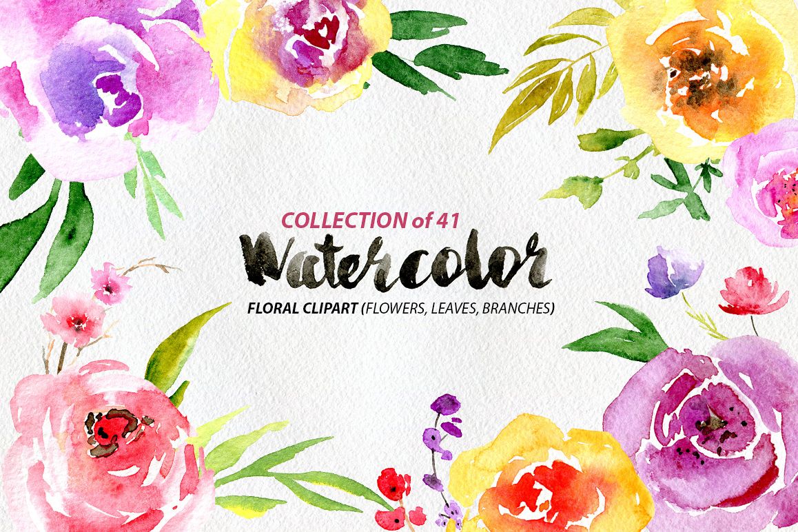 Watercolor flowers, branches, leaves example image 1