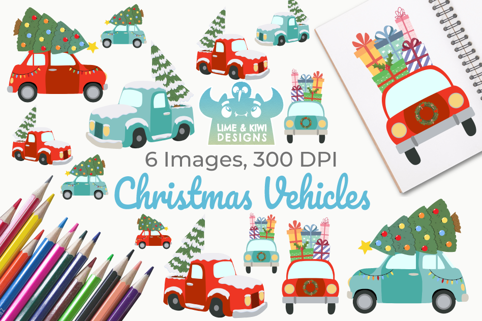 Christmas Vehicles Clipart, Instant Download Vector Art example image 1