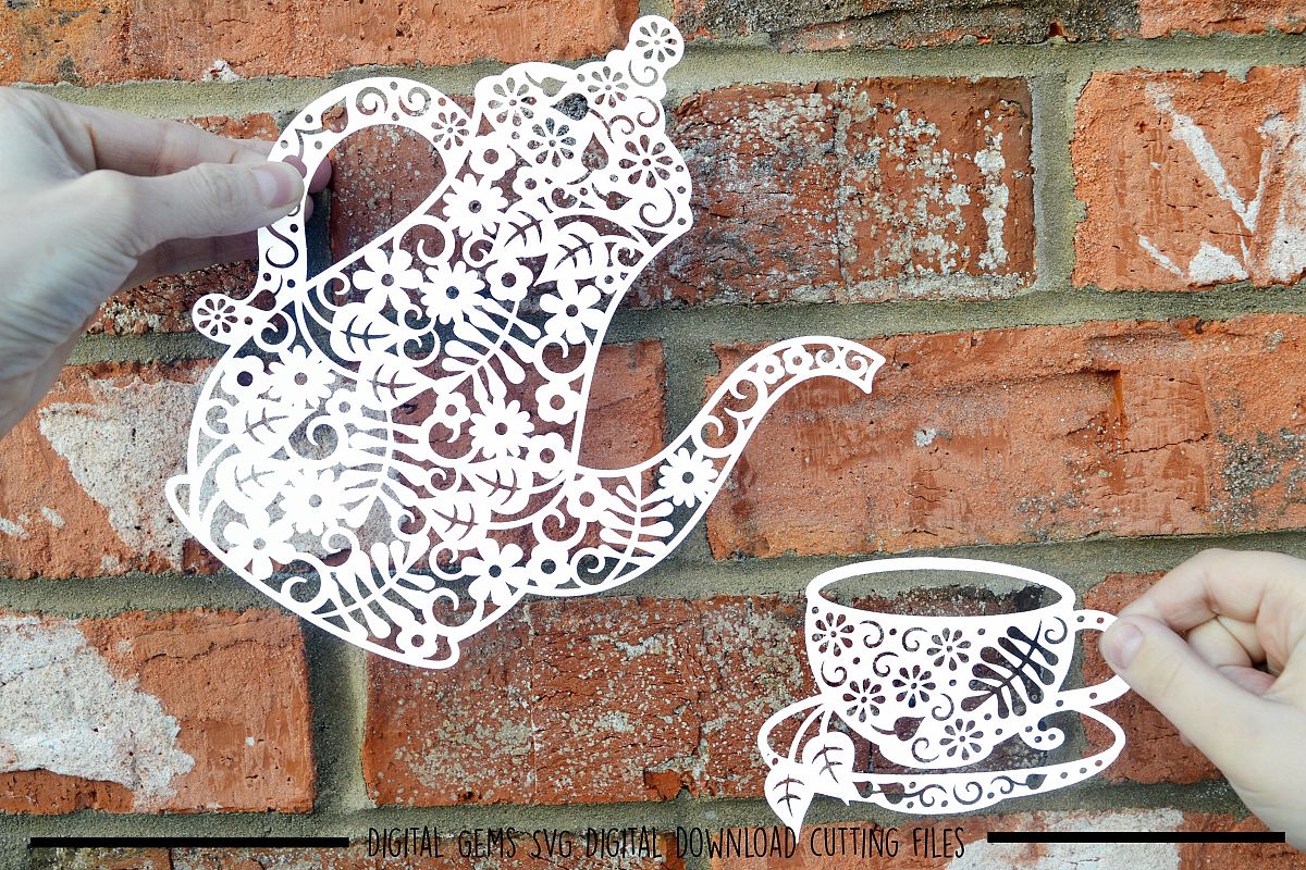 Coffee pot and cup paper cut SVG DXF EPS files example image 1