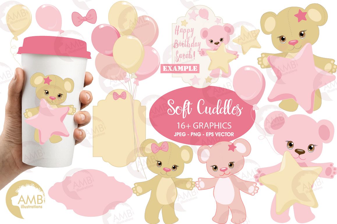 Teddy bear, nursery, baby girl, baby pink bear, clipart, graphics, llustrations AMB-1450 example image 1