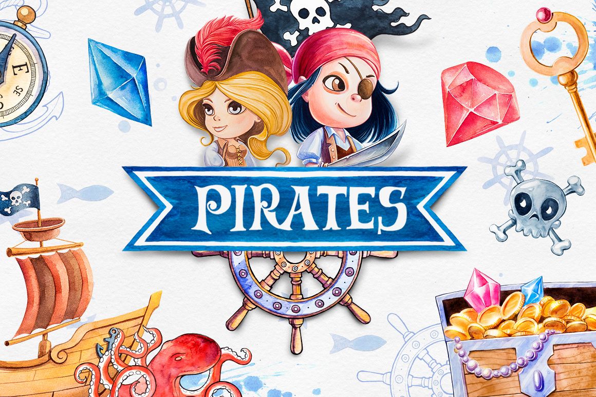 Pirates. Watercolor illustrations. example image 1