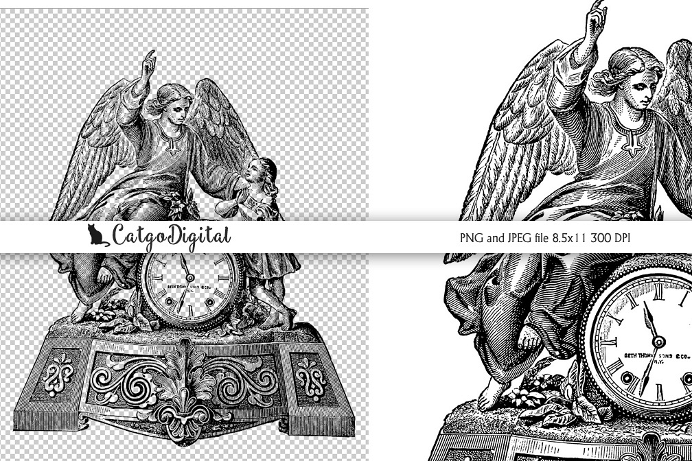 Angel Clock Black and White illustration Vintage PNG example image 1