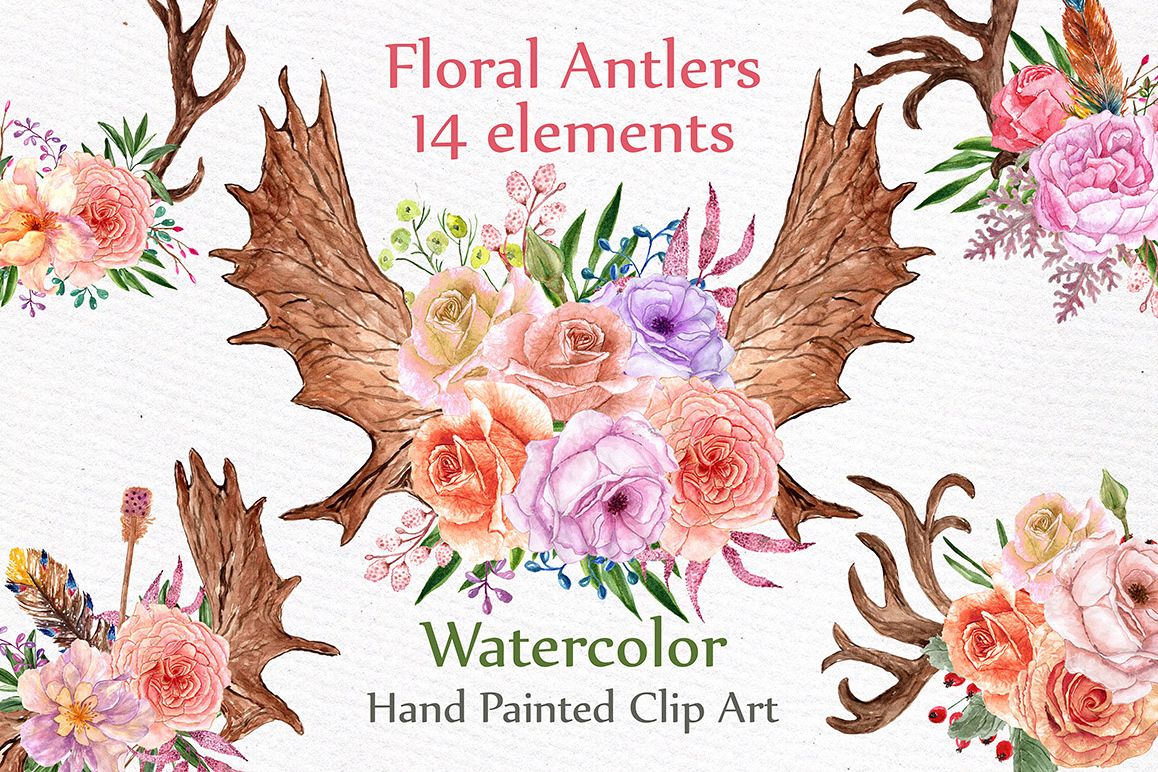 Watercolor floral antlers clipart example image 1