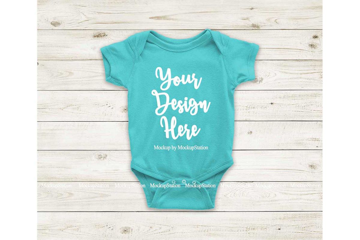 Carribean Blue Blank Baby Bodysuit Mockup, Newborn One Piece example image 1