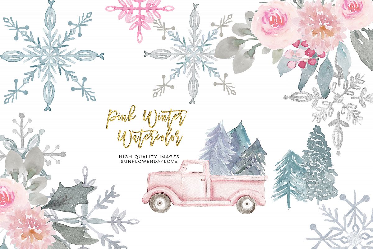 Pink Christmas clipart, floral Pink watercolor clipart example image 1