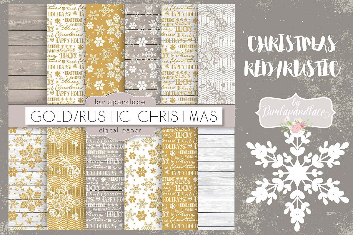 Christmas gold rustic digital paper pack example image 1