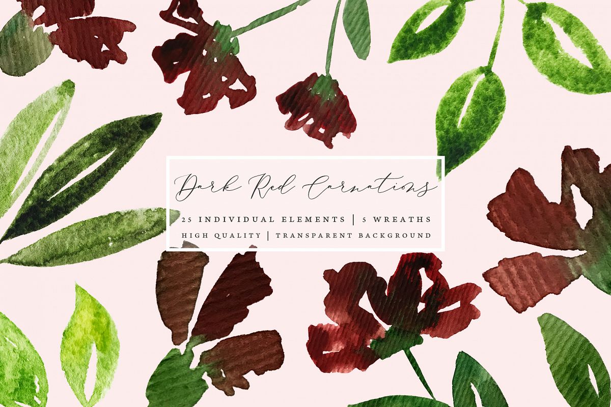 Watercolor autumn flowers, dark red carnations example image 1