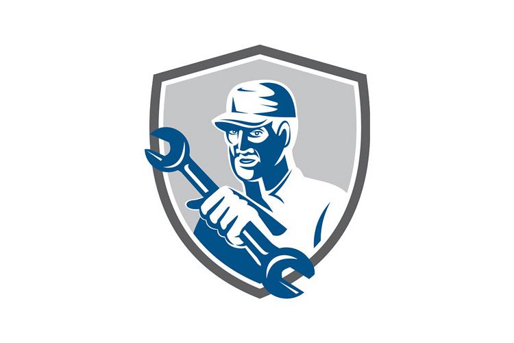 Mechanic Holding Spanner Wrench Shield Retro example image 1