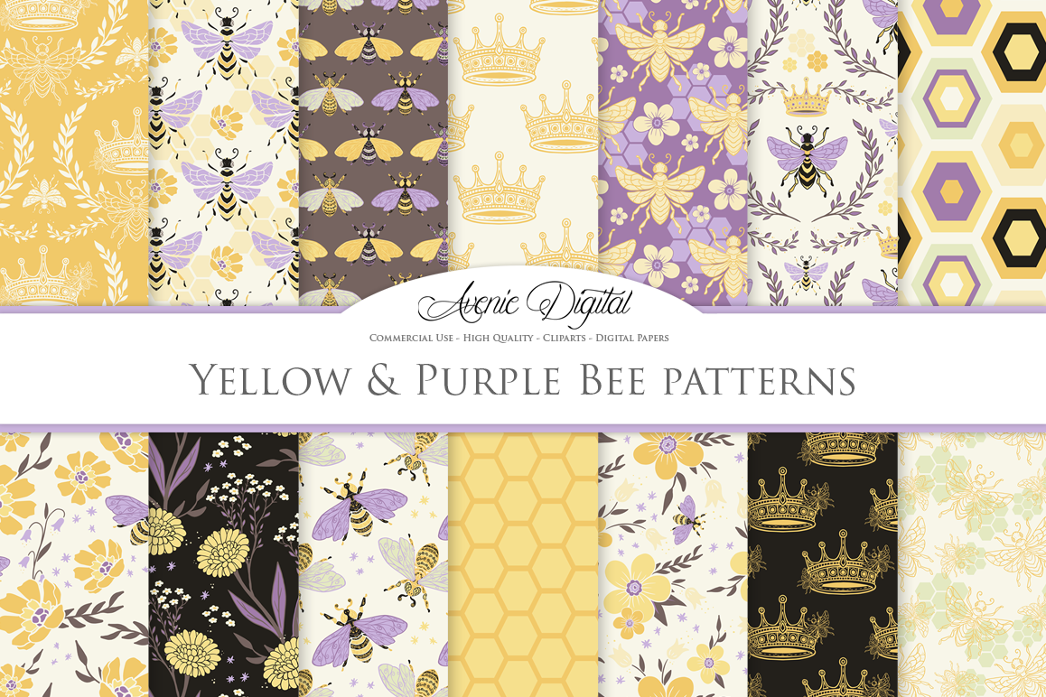 Yellow and Purple Bee Garden Seamless Vector Patterns and Di example image 1