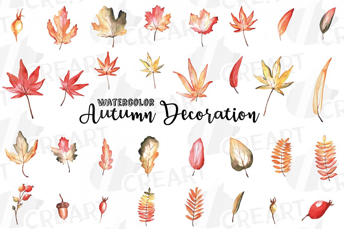 Printable autumn leaves watercolor decoration clip art pack. example image 1