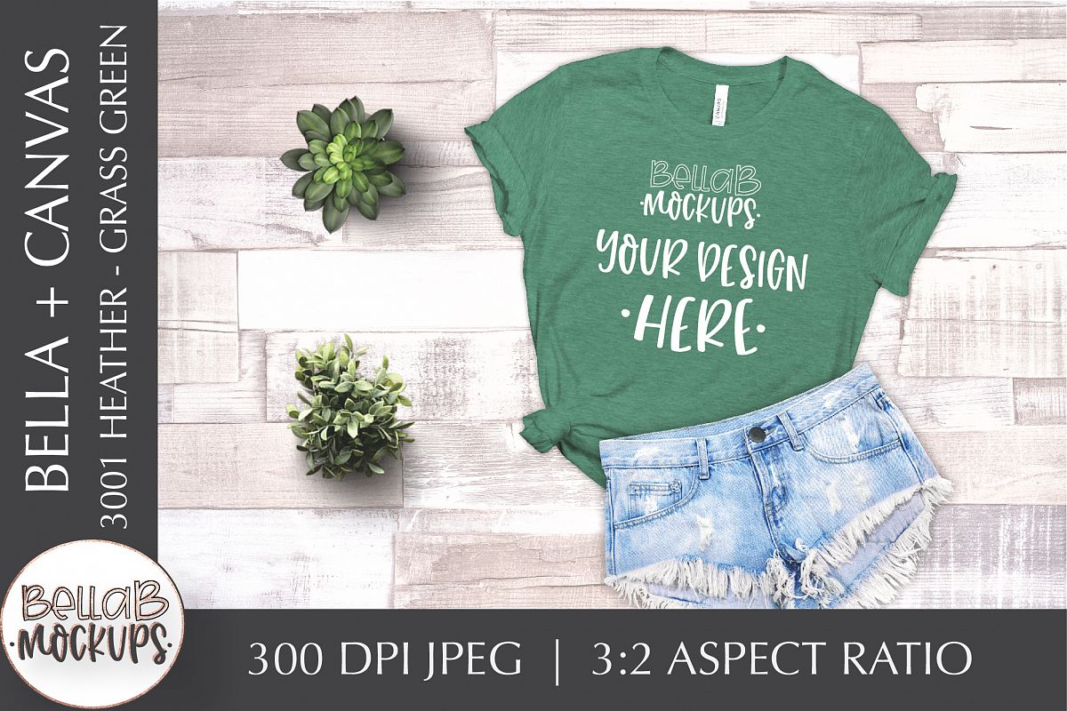 Download Bella Canvas 3001 Heather Woman's T Shirt Mockup-Grass Green