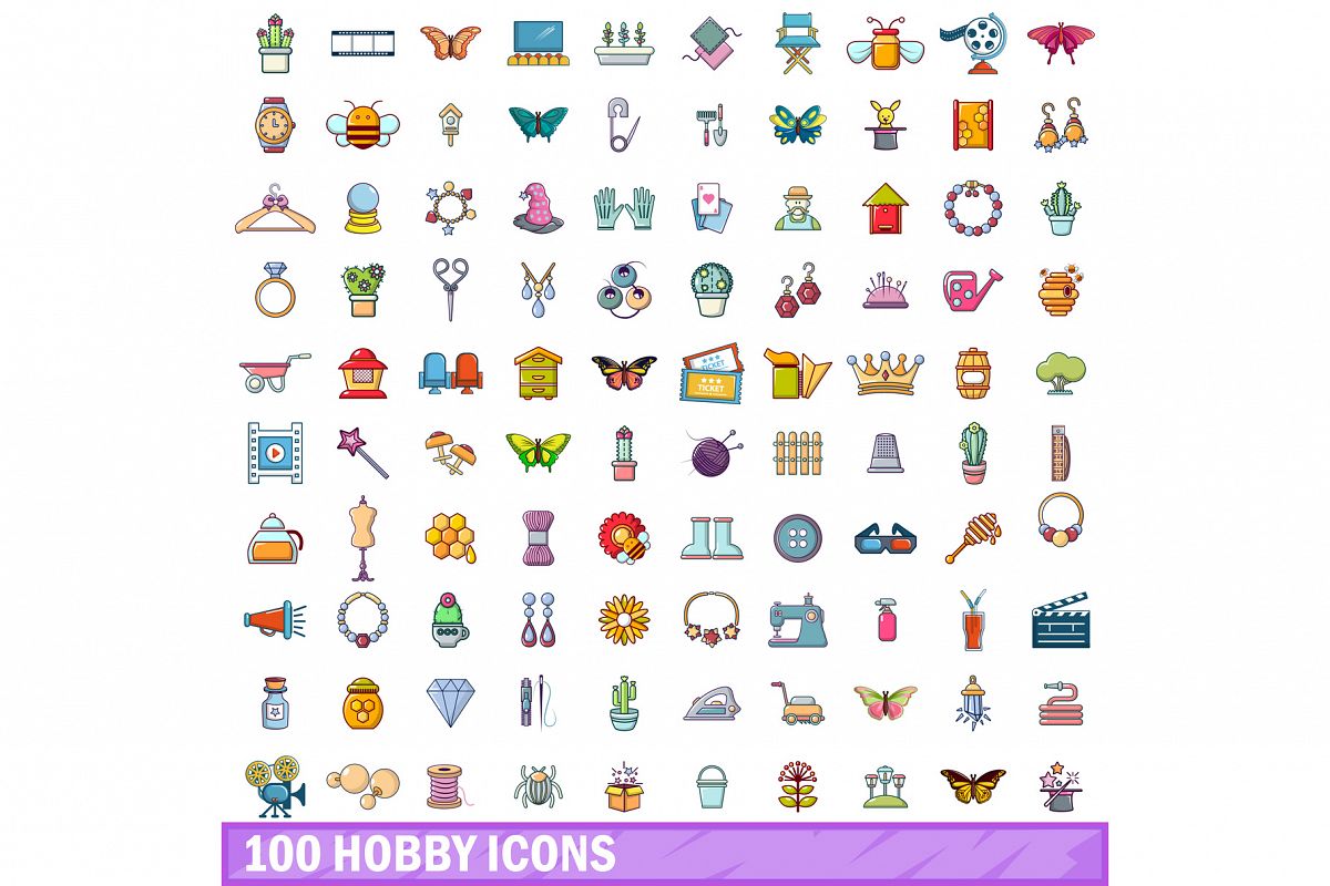 100 hobby icons set, cartoon style example image 1