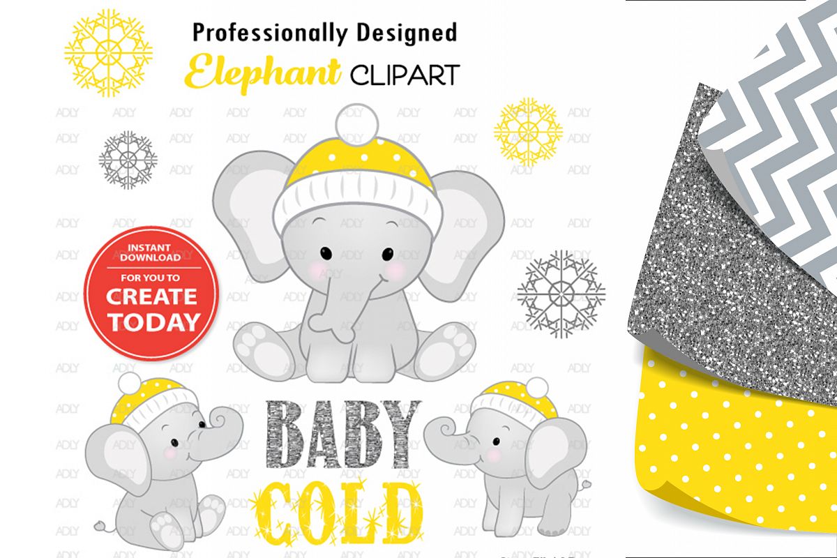 Winter Elephant Sitting Pose with Yellow Winter Cap,Clip Art example image 1