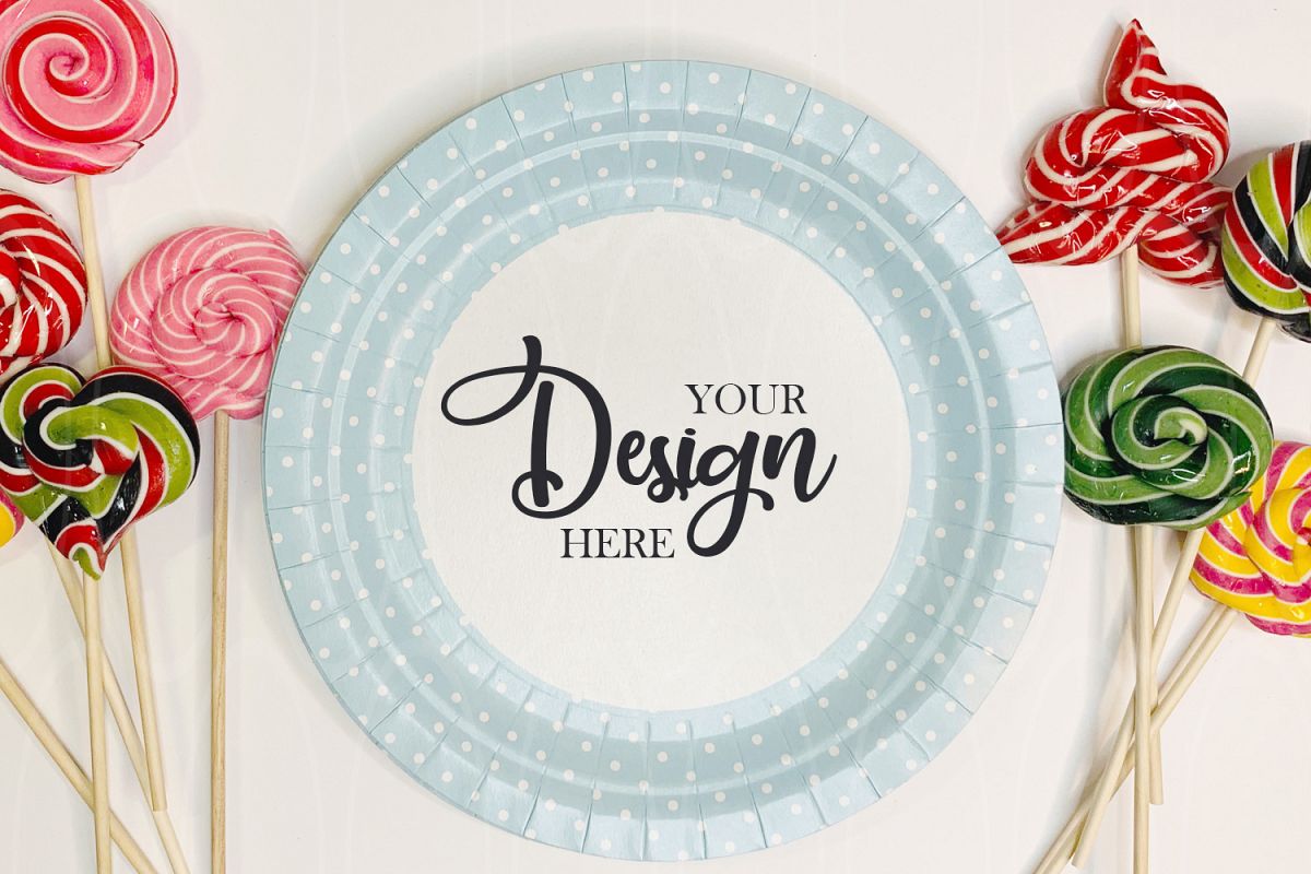 Blue plate mock up Candies flatlay Styled Stock Photo example image 1