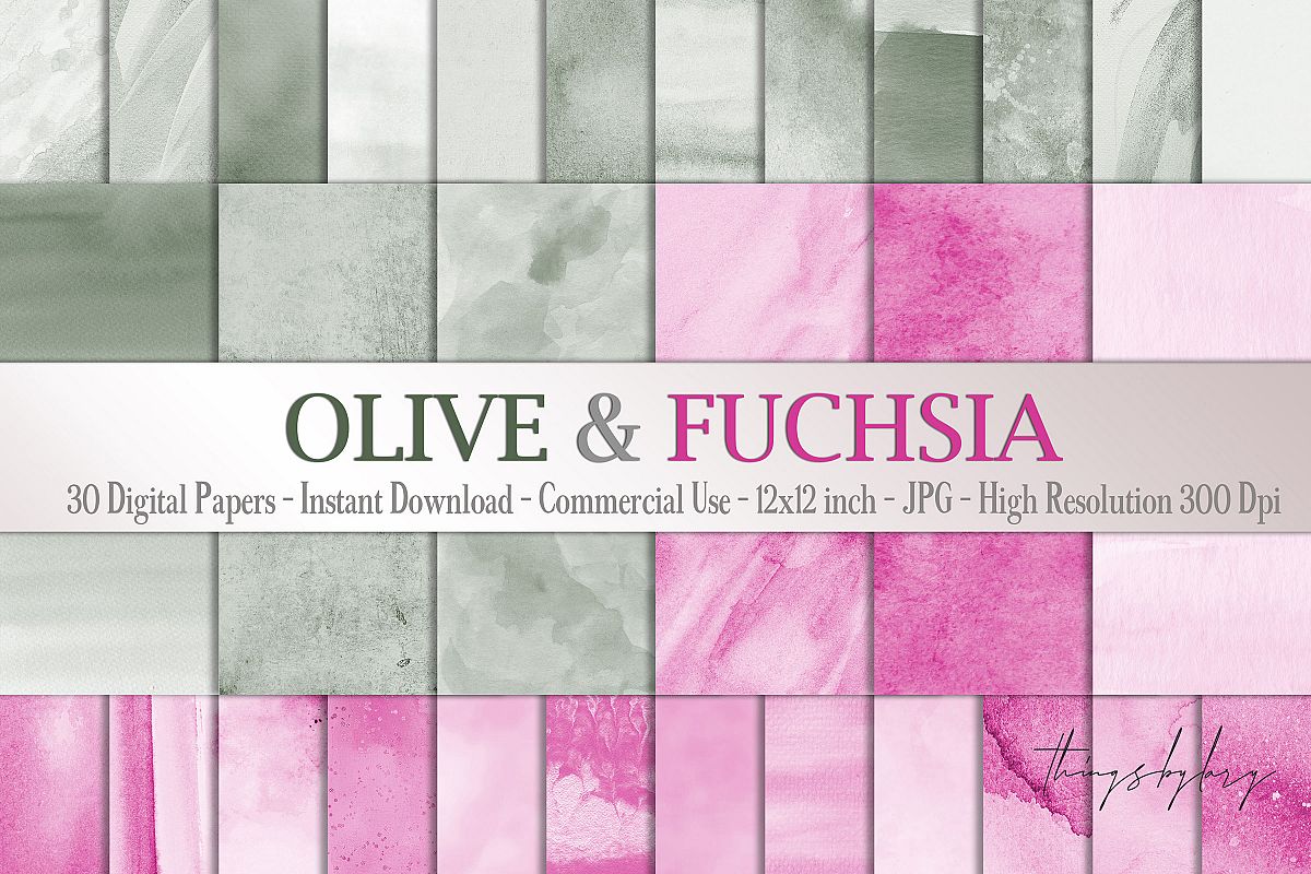 30 Ombre Olive & Fuchsia Painted Watercolor Digital Papers example image 1