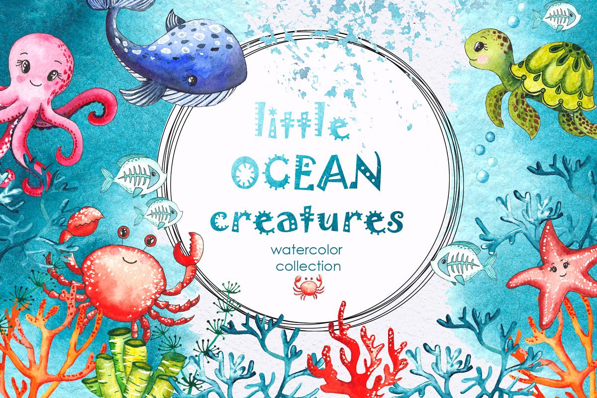Little OCEAN creatures. Watercolor collection example image 1