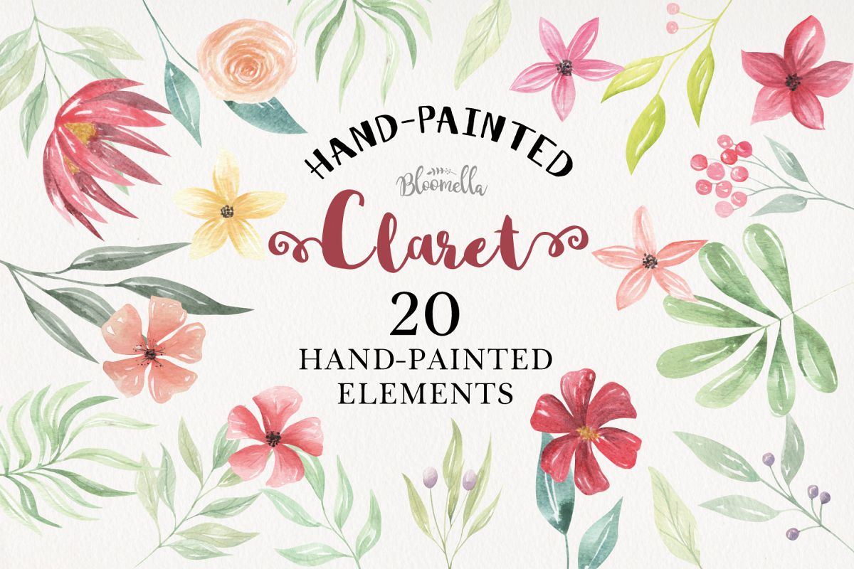 Claret 20 Watercolor Elements Flowers Burgundy Foliage Leaf example image 1