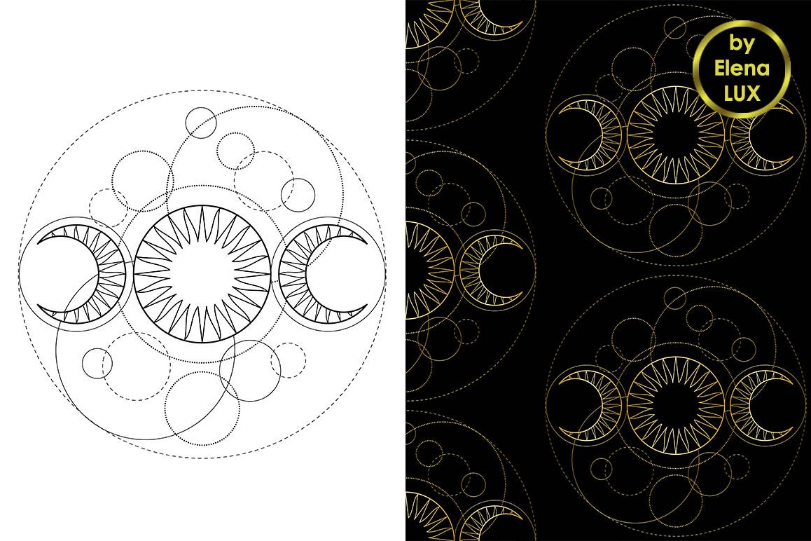 Triple Moon Tattoo Seamless Pattern Set example image 1