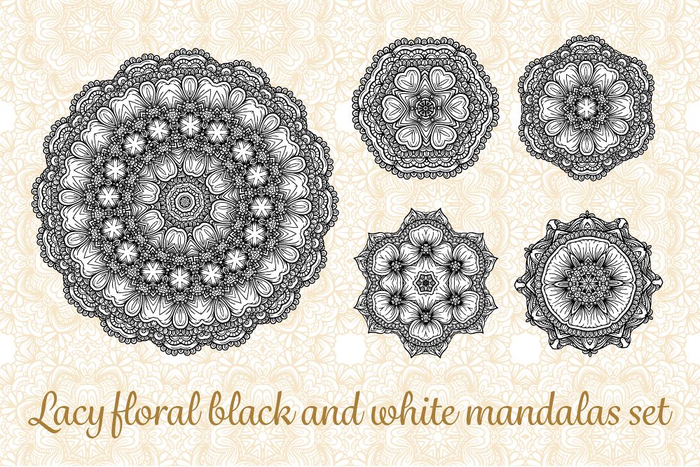 Lacy floral black and white mandalas set