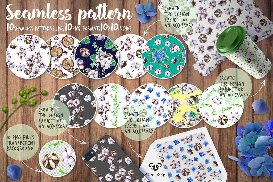 Seamless pattern Watercolor cotton and hydrangea example image 1