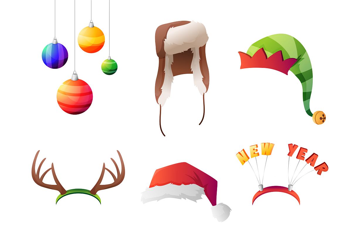 Set of vector winter christmas hats set. For party, street home and new year. Vector illustration example image 1