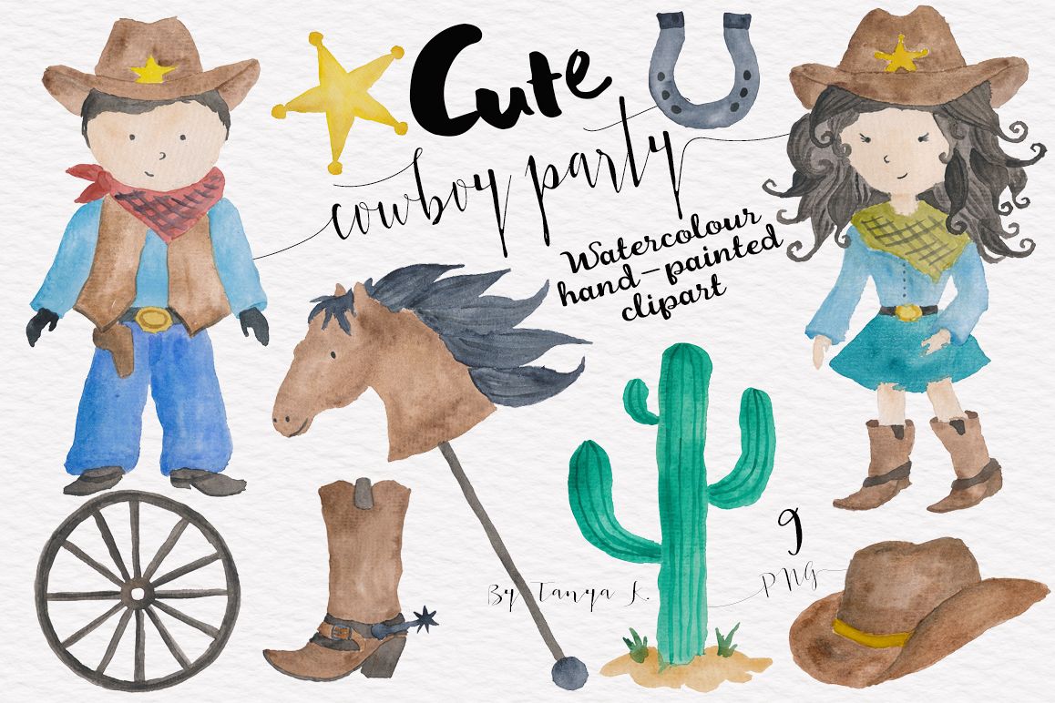 Cowboy Kids Watercolor Clipart example image 1
