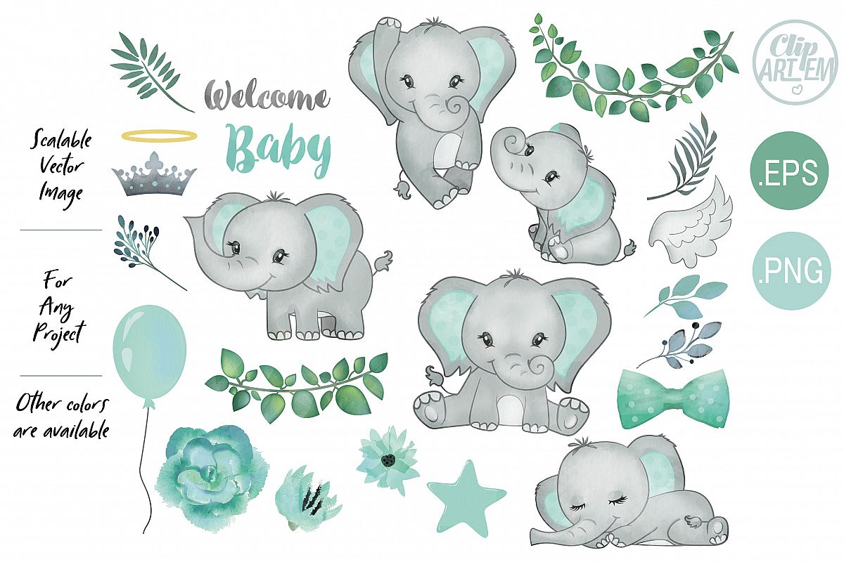 Mint Watercolor Elephants Set, Welcome Baby example image 1