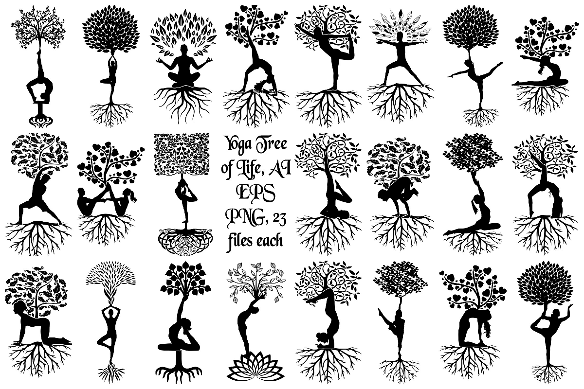 Yoga Tree Silhouettes AI EPS Vector & PNG example image 1
