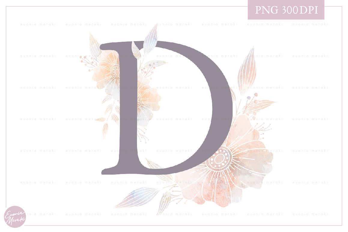 Letter D Floral MONOGRAM - dusty color flower initial example image 1