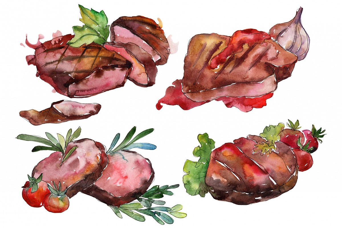 Meat steaks PNG watercolor set example image 1