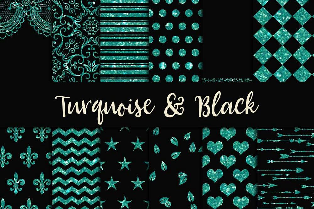 Turquoise Glitter & Black Digital Paper example image 1