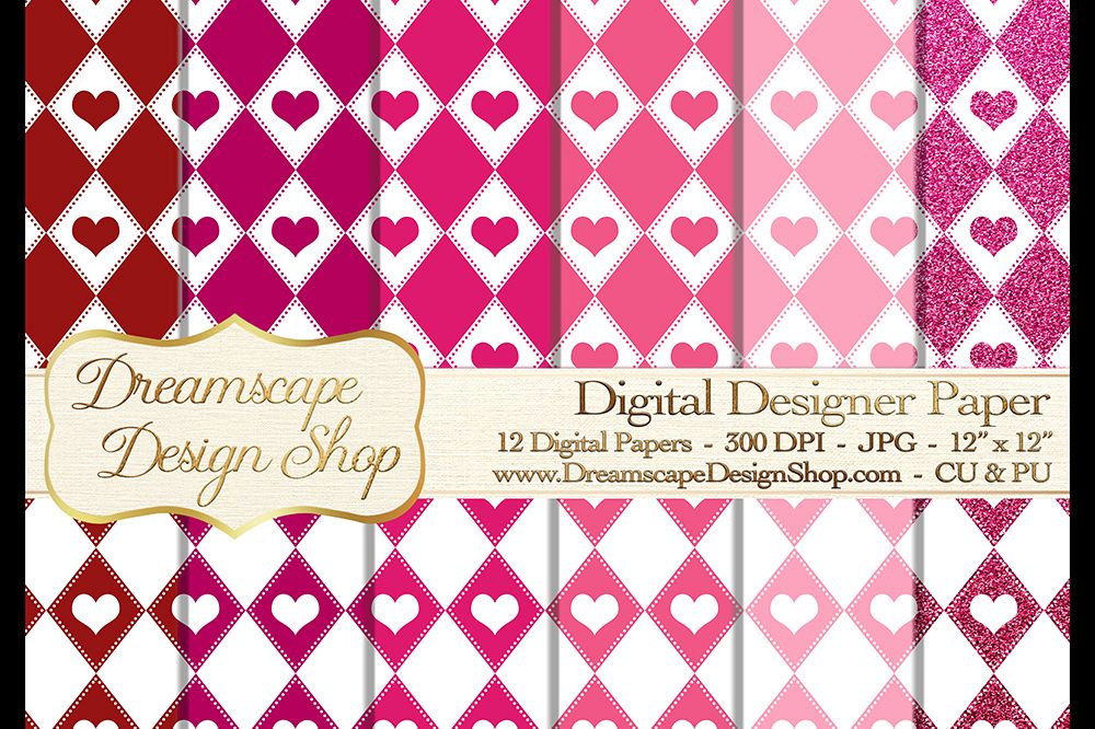 Pink and Red Hearts (Set 5) - Valentine's Day - Digital Paper - 12 JPG Images at 300 DPI - Digital Product Instant Download example image 1